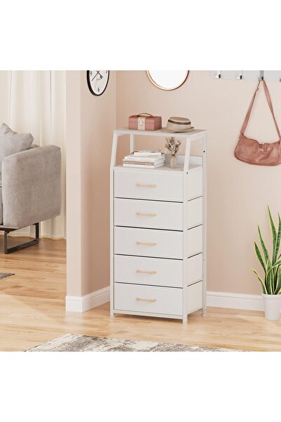 Gogoya 5-Drawer Fabric Dresser Vertical Storage Tower with Wooden Top & Steel Frame (White)