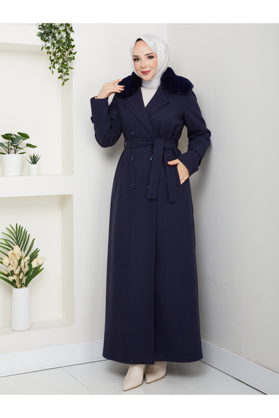 Moda İncir Double-Breasted Fur Coat with Collar