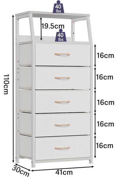 Gogoya 5-Drawer Fabric Dresser Vertical Storage Tower with Wooden Top & Steel Frame (White)