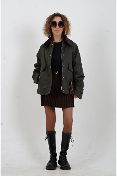 Zelish My Sister Khaki Velvet Collar Plaid Quilted Jacket