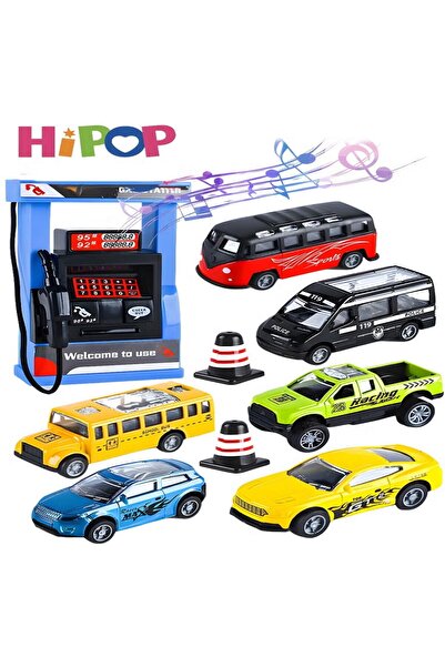 HIPOP Alloy Pull Back Car Toys Set 6 Piece with Gas Station Toy,Play Vehicles with Sound and Light,Toys Ca