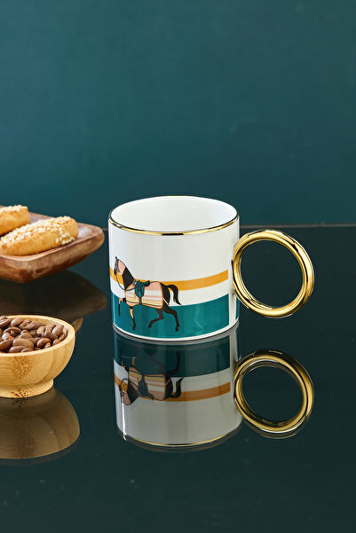 Cooker 200 ml Horse Patterned Porcelain Mug with Gold Handle (Kitchen, Office, Gift Mug)