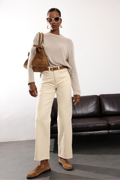 5in1Canpolat Ecru Straight Velvet Trousers