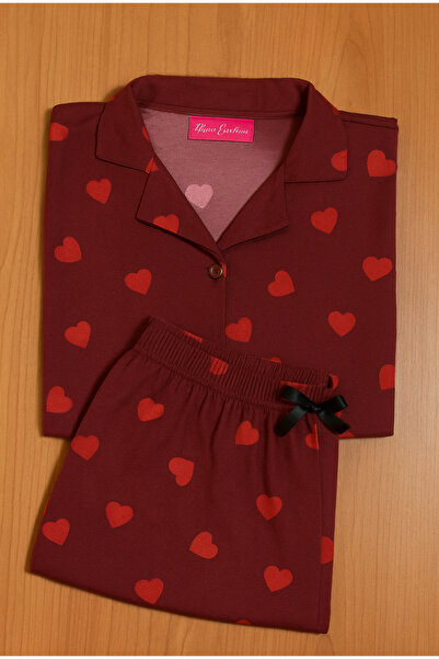 Luna Kırmızı kalpli önden düğmeli büyük beden pijama takımı