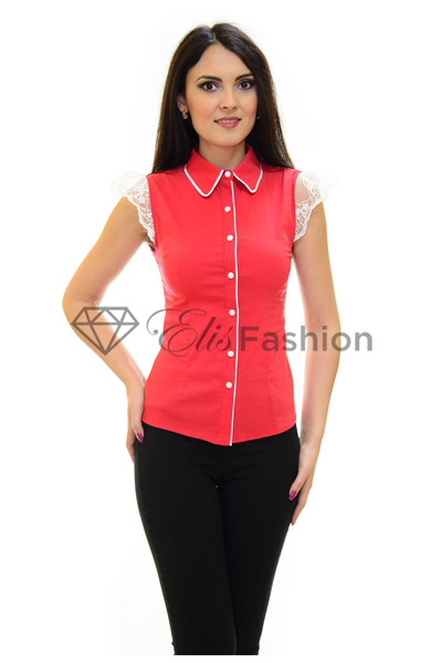 Elis Fashion Women's red fitted shirt with lace sleeves