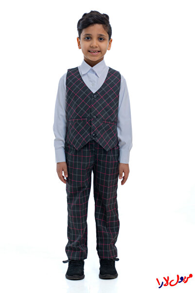 maryool lara Boys' kindergarten suit, gray and pink checkered, three pieces