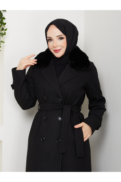 Moda İncir Double-Breasted Fur Coat with Collar