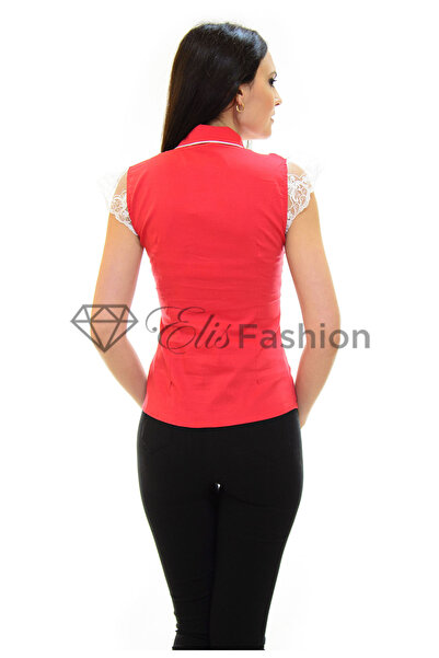 Elis Fashion Women's red fitted shirt with lace sleeves