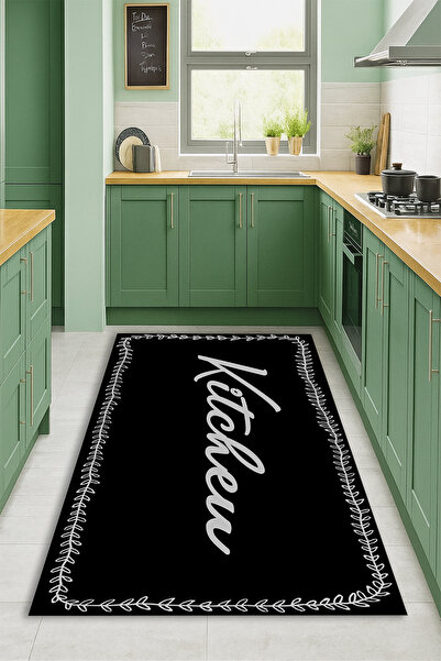 Kessy Home Studio Kitchen Yazılı Siyah Mutfak Halısı Dijital Baskı Kaymaz Tab...