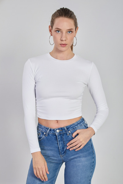 BARRELS AND OIL Women's side ruched long sleeve bodysuit - white