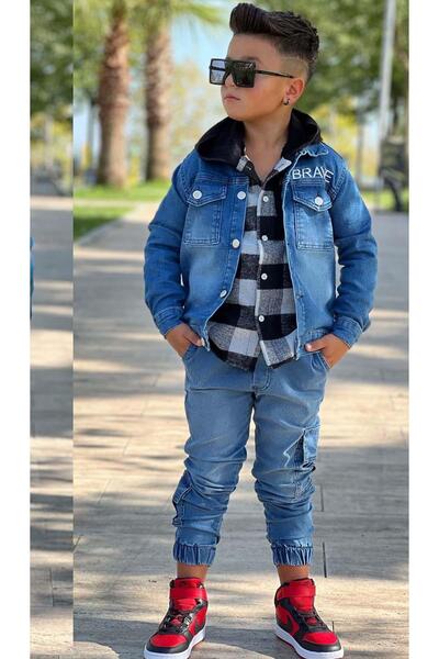 Riccotarz Boys' Plaid Hooded Black Lumberjack Shirt with Tiger Pattern on the Back Jacket Jeans Bottom Top Set