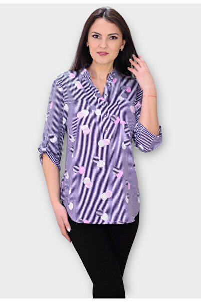 Elis Fashion Bluza Alba cu Dungi Bleumarin si Buline Colorate