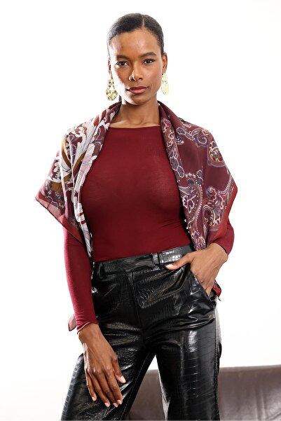 5in1Canpolat Burgundy Boat Neck Transparent Blouse 25187