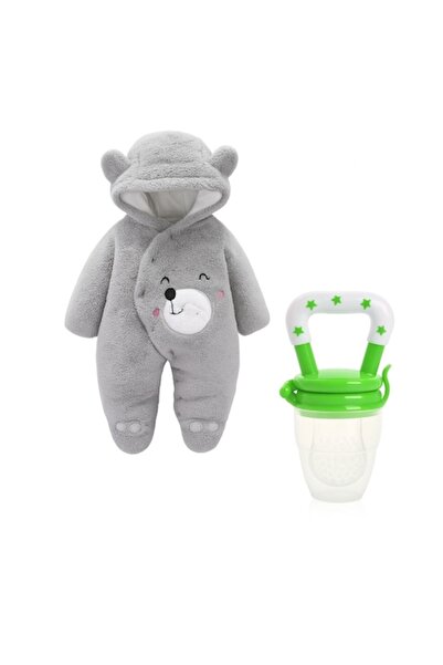 NEO GermaNova™ Plush Baby Swaddle Blanket 6-9 months, Warm, Bear Hood, Grey + Fruit Feeder Pacifier Gr
