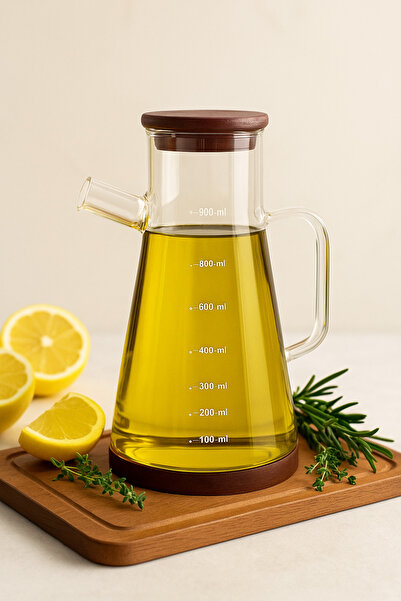 Mottogo Acacia Lid Glass Oil Pot – 900 ml – with Scale