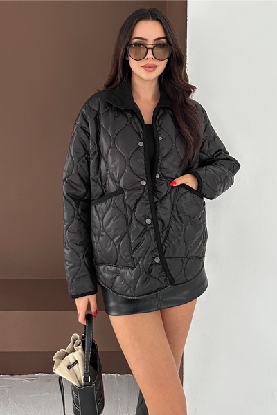 FEMELLE Women's Black Quilted Oversized Coat Lined Buttoned Large Pocket Soft Textured Coat