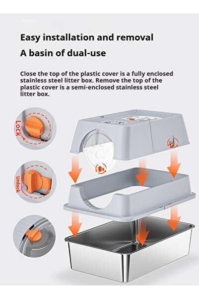 Shangxing Stainless Steel Extra Large Cat Litter Box – Elevated, Splash-Proof, Easy-to-Clean, 60×40×44cm