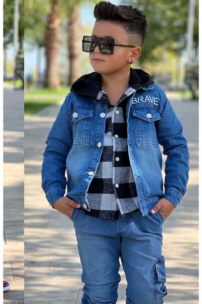 Riccotarz Boys' Plaid Hooded Black Lumberjack Shirt with Tiger Pattern on the Back Jacket Jeans Bottom Top Set