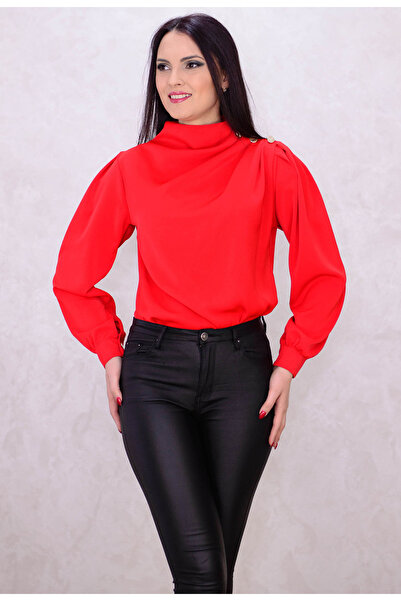 Elis Fashion Women's red blouse with gold buttons on the shoulder