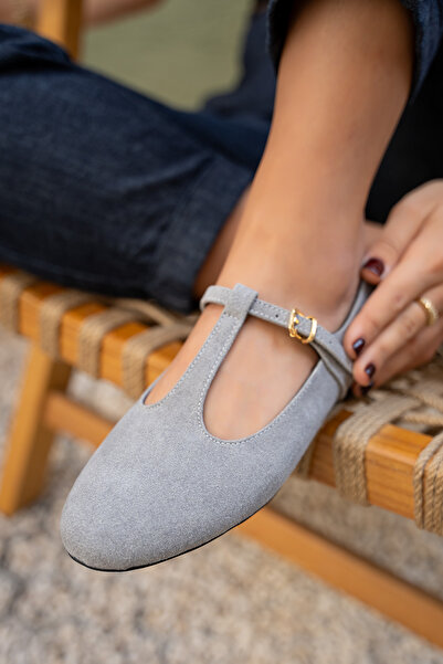 LAMİNTA Judi Gray Suede Women's Striped Detail Ballet Flats