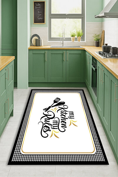 Kessy Home Studio My Kitchen My Rules Yazılı Mutfak Halısı Dijital Baskı Kaym...