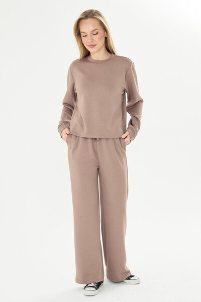 TRENDHİLL Women's Modal Fabric Comfortable Fit Tracksuit Set A.Brown 8509-A.K