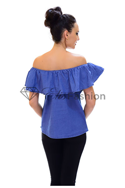 Elis Fashion Bluza de dama albastra din denim cu volan pe umeri