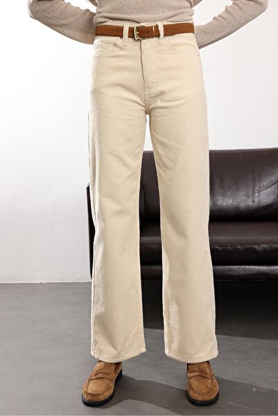 5in1Canpolat Ecru Straight Velvet Trousers