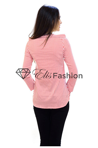 Elis Fashion Women's red shirt with stripes and appliquéd embroidery
