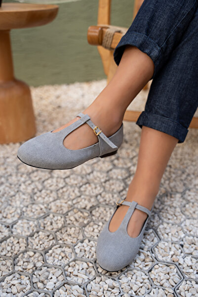 LAMİNTA Judi Gray Suede Women's Striped Detail Ballet Flats