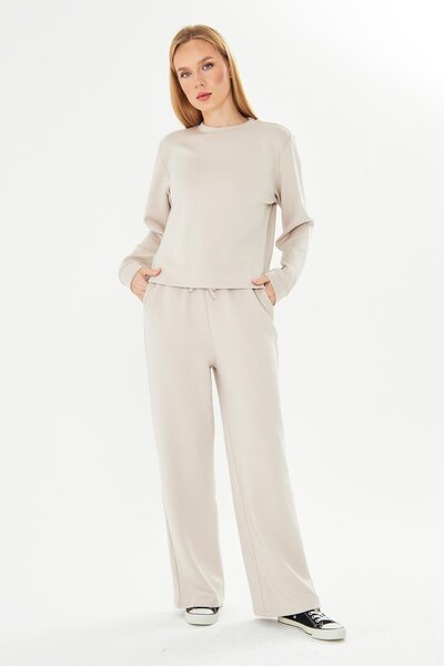 TRENDHİLL Women's Modal Fabric Comfortable Fit Tracksuit Set Stone 8509-t