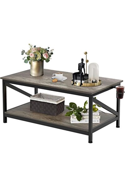 Gogoya Industrial Coffee Table with Double Shelves, Wooden Top & Black Metal Frame, 100×55 cm