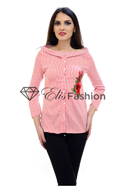 Elis Fashion Women's red shirt with stripes and appliquéd embroidery