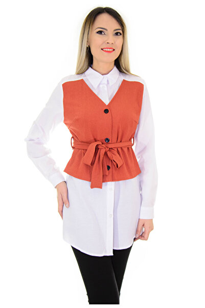 Elis Fashion Camasa de dama alba cu vesta aplicata si cordon detasabil