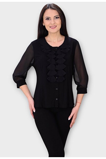 Elis Fashion Bluza Neagra cu Volane si Maneci din Voal