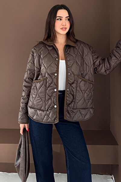 FEMELLE Women's Brown Quilted Oversized Coat Lined Buttoned Large Pocket Soft Textured Coat