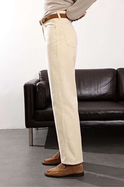 5in1Canpolat Ecru Straight Velvet Trousers