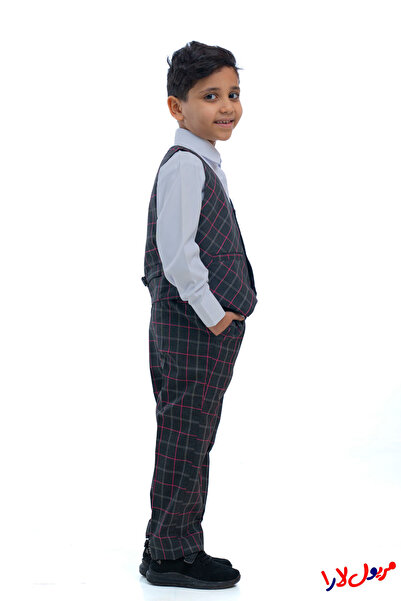 maryool lara Boys' kindergarten suit, gray and pink checkered, three pieces