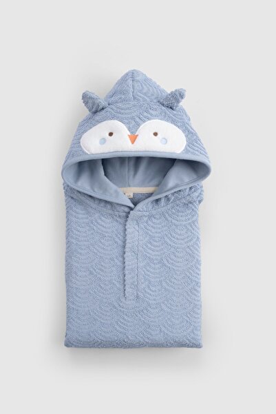 Little Gusto معطف منشفة من القطن العضوي باللون الأزرق على شكل بومة