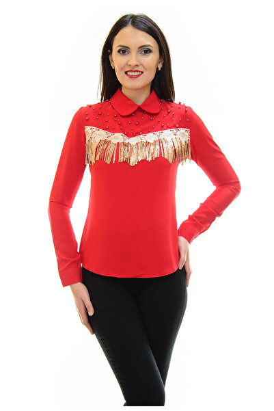 Elis Fashion Red women's shirt with gold details and applied pearls