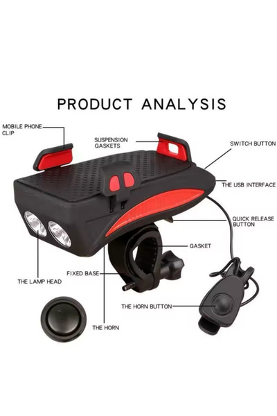 BLUE CORAL 5-in-1 4000mAh LED Bicycle Light with Horn and Device Holder