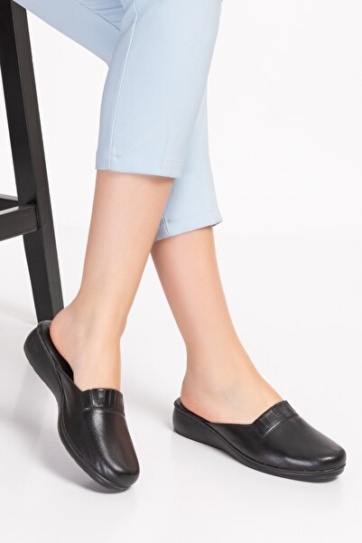 Gondol Women's Inside-Out Genuine Leather Stylish House Slippers Özl.960 Black Skin