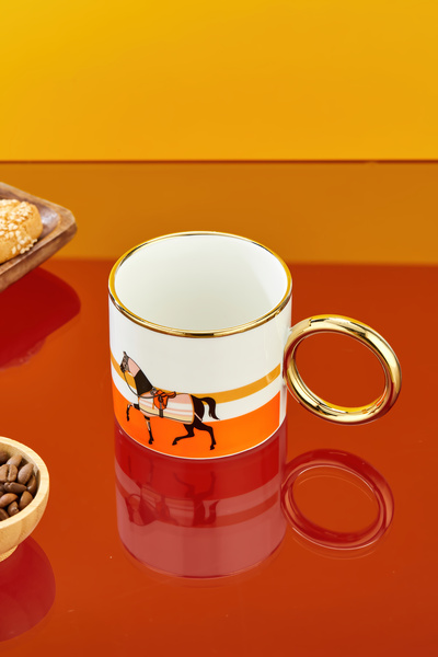 Cooker 200 ml Horse Patterned Porcelain Mug with Gold Handle (Kitchen, Office, Gift Mug)