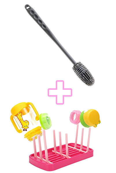 MAROKEN Biberon Temizleme Fırçası Ve Pembe Biberon Kurutma Aparatı Set Şişe K...