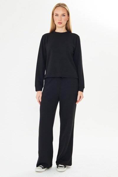 TRENDHİLL Women's Modal Fabric Comfortable Fit Tracksuit Set Black 8509-S