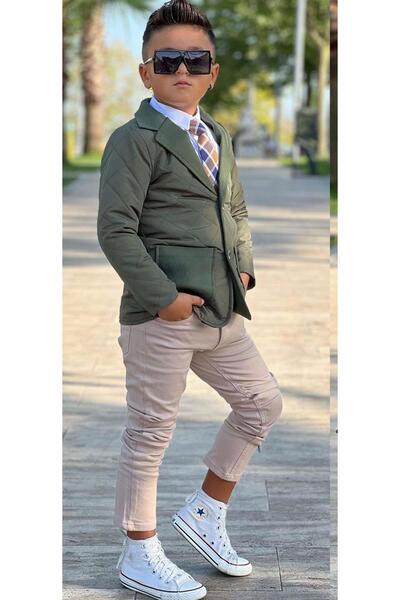 Riccotarz Boys' Classic Shirt with Tie Quilted Green Coat Slim Pants Cut Pants Bottom Top Set