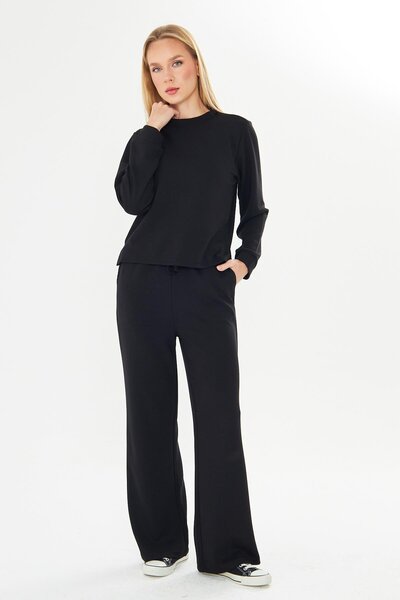 TRENDHİLL Women's Modal Fabric Comfortable Fit Tracksuit Set Black 8509-S