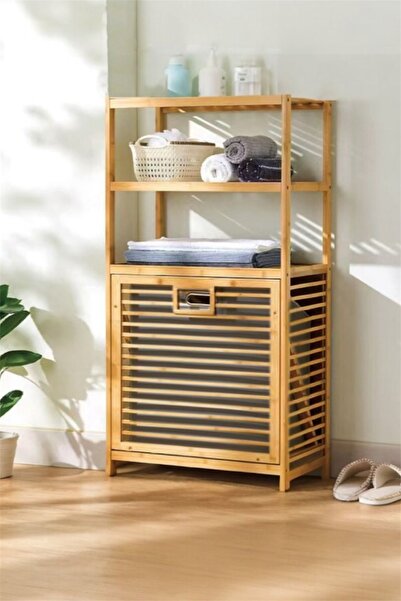 Bayev Bambu Gri Sepetli Raflı Organizer 700763 - Ahşap Çamaşır Sepeti Oyuncak...