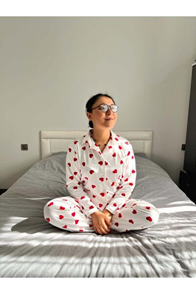 Marka Lovera Cotton Heart Patterned Front Buttoned Pajama Set