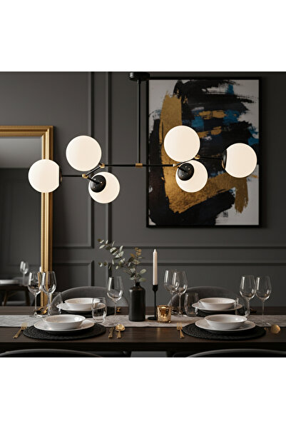 MOİRA Modern 6 Kollu Ahtapot Avize Beyaz Glop Camlı Metal Salon Avizesi E27 D...